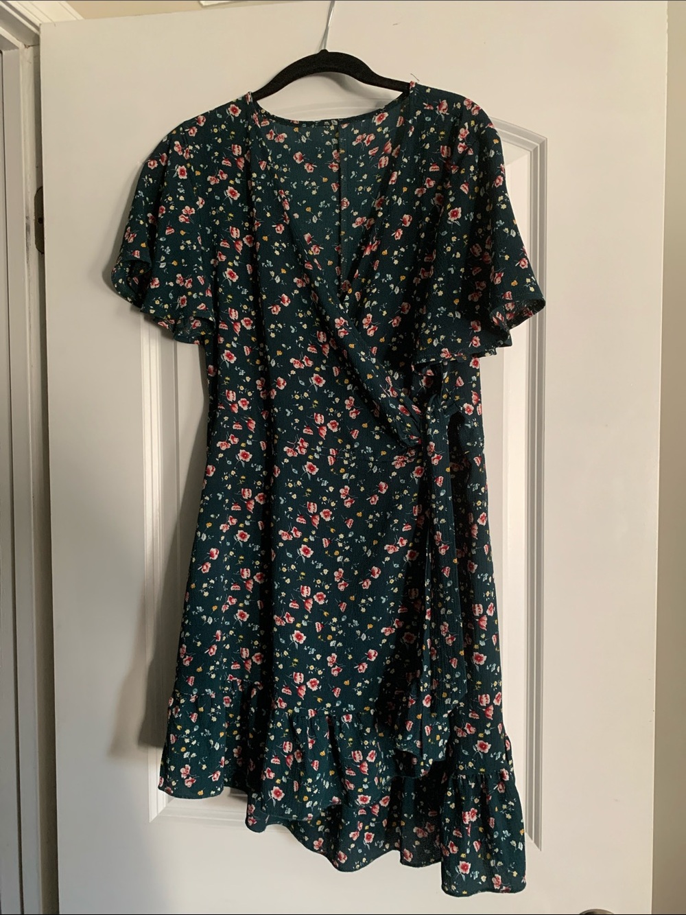 Dark Green Floral Wrap Mini Dress with Flutter Sleeves